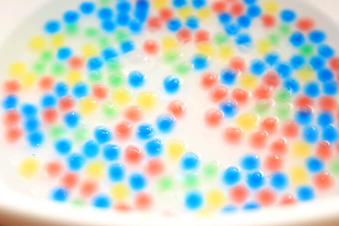 数時間かけて吸水ビーズが水を吸ってふくらみます