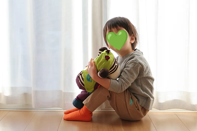 B.toys「おきがえしまうまくん」を抱っこする3歳児