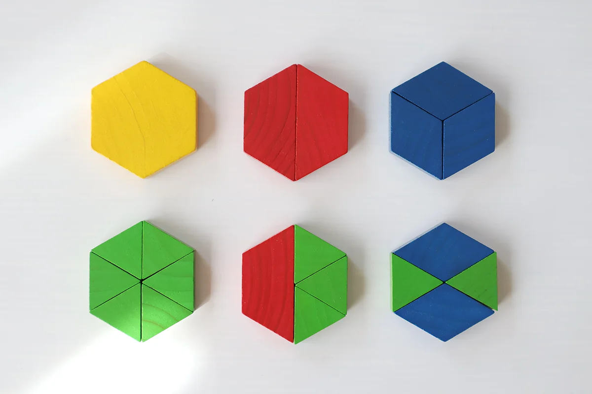 正三角形と青の菱形を合わせると赤の等脚台形、緑の正三角形の6倍と赤の等脚台形の2倍＝黄の正六角形
